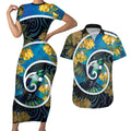 New Zealand Tui Bird Couples Matching Short Sleeve Bodycon Dress and Hawaiian Shirt Maori Koru With Kowhai Flowers