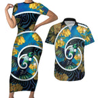 New Zealand Tui Bird Couples Matching Short Sleeve Bodycon Dress and Hawaiian Shirt Maori Koru With Kowhai Flowers