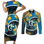 New Zealand Tui Bird Couples Matching Short Sleeve Bodycon Dress and Long Sleeve Button Shirt Maori Koru With Kowhai Flowers