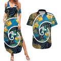New Zealand Tui Bird Couples Matching Summer Maxi Dress and Hawaiian Shirt Maori Koru With Kowhai Flowers
