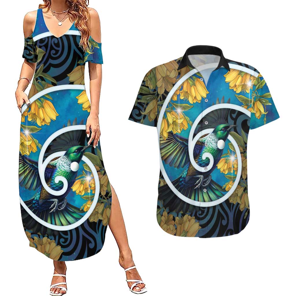 New Zealand Tui Bird Couples Matching Summer Maxi Dress and Hawaiian Shirt Maori Koru With Kowhai Flowers