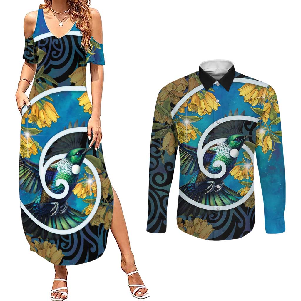 New Zealand Tui Bird Couples Matching Summer Maxi Dress and Long Sleeve Button Shirt Maori Koru With Kowhai Flowers