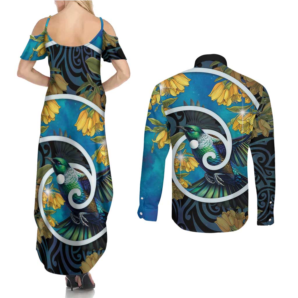 New Zealand Tui Bird Couples Matching Summer Maxi Dress and Long Sleeve Button Shirt Maori Koru With Kowhai Flowers