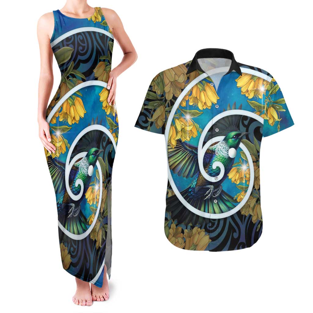 New Zealand Tui Bird Couples Matching Tank Maxi Dress and Hawaiian Shirt Maori Koru With Kowhai Flowers