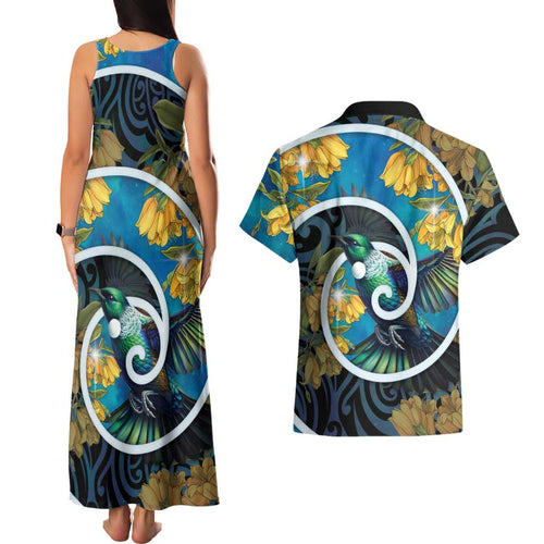 New Zealand Tui Bird Couples Matching Tank Maxi Dress and Hawaiian Shirt Maori Koru With Kowhai Flowers