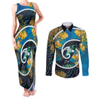 New Zealand Tui Bird Couples Matching Tank Maxi Dress and Long Sleeve Button Shirt Maori Koru With Kowhai Flowers