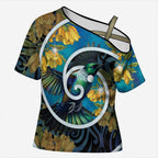 New Zealand Tui Bird Cross Shoulder Shirt Maori Koru With Kowhai Flowers