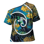 New Zealand Tui Bird Cross Shoulder Shirt Maori Koru With Kowhai Flowers