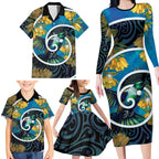 New Zealand Tui Bird Family Matching Long Sleeve Bodycon Dress and Hawaiian Shirt Maori Koru With Kowhai Flowers