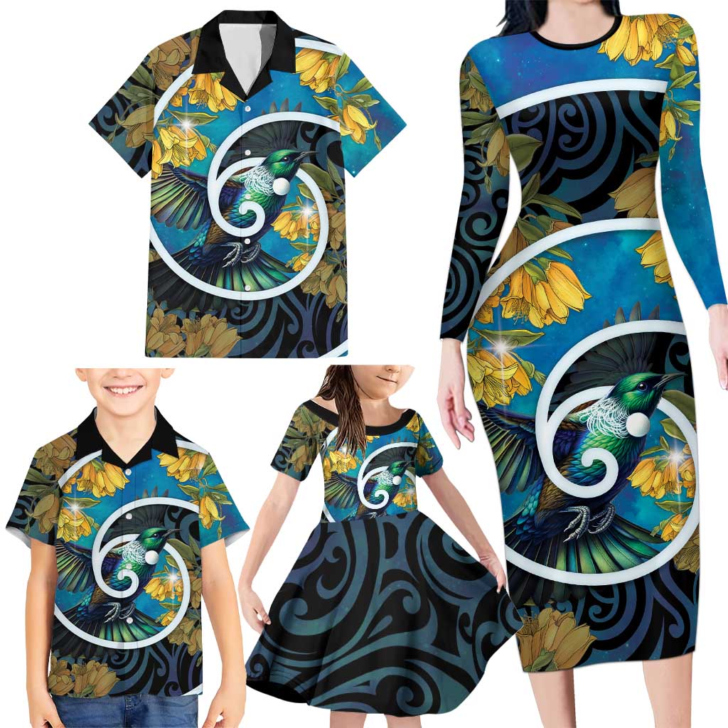 New Zealand Tui Bird Family Matching Long Sleeve Bodycon Dress and Hawaiian Shirt Maori Koru With Kowhai Flowers