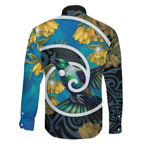 New Zealand Tui Bird Family Matching Long Sleeve Bodycon Dress and Hawaiian Shirt Maori Koru With Kowhai Flowers