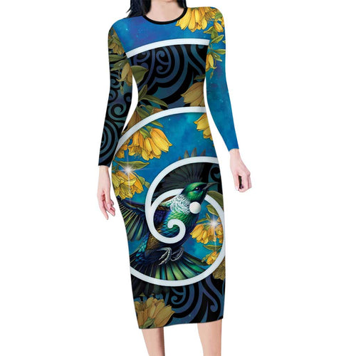 New Zealand Tui Bird Family Matching Long Sleeve Bodycon Dress and Hawaiian Shirt Maori Koru With Kowhai Flowers