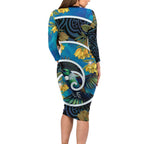 New Zealand Tui Bird Family Matching Long Sleeve Bodycon Dress and Hawaiian Shirt Maori Koru With Kowhai Flowers