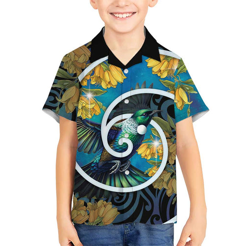 New Zealand Tui Bird Family Matching Long Sleeve Bodycon Dress and Hawaiian Shirt Maori Koru With Kowhai Flowers