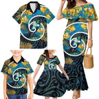 New Zealand Tui Bird Family Matching Mermaid Dress and Hawaiian Shirt Maori Koru With Kowhai Flowers