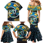 New Zealand Tui Bird Family Matching Mermaid Dress and Hawaiian Shirt Maori Koru With Kowhai Flowers
