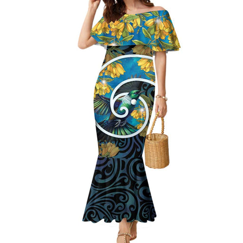 New Zealand Tui Bird Family Matching Mermaid Dress and Hawaiian Shirt Maori Koru With Kowhai Flowers