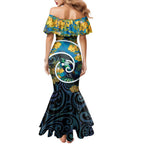 New Zealand Tui Bird Family Matching Mermaid Dress and Hawaiian Shirt Maori Koru With Kowhai Flowers