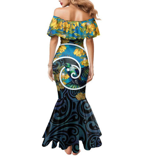 New Zealand Tui Bird Family Matching Mermaid Dress and Hawaiian Shirt Maori Koru With Kowhai Flowers