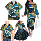 New Zealand Tui Bird Family Matching Off The Shoulder Long Sleeve Dress and Hawaiian Shirt Maori Koru With Kowhai Flowers