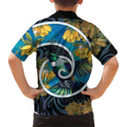 New Zealand Tui Bird Family Matching Off The Shoulder Long Sleeve Dress and Hawaiian Shirt Maori Koru With Kowhai Flowers