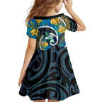 New Zealand Tui Bird Family Matching Off The Shoulder Long Sleeve Dress and Hawaiian Shirt Maori Koru With Kowhai Flowers