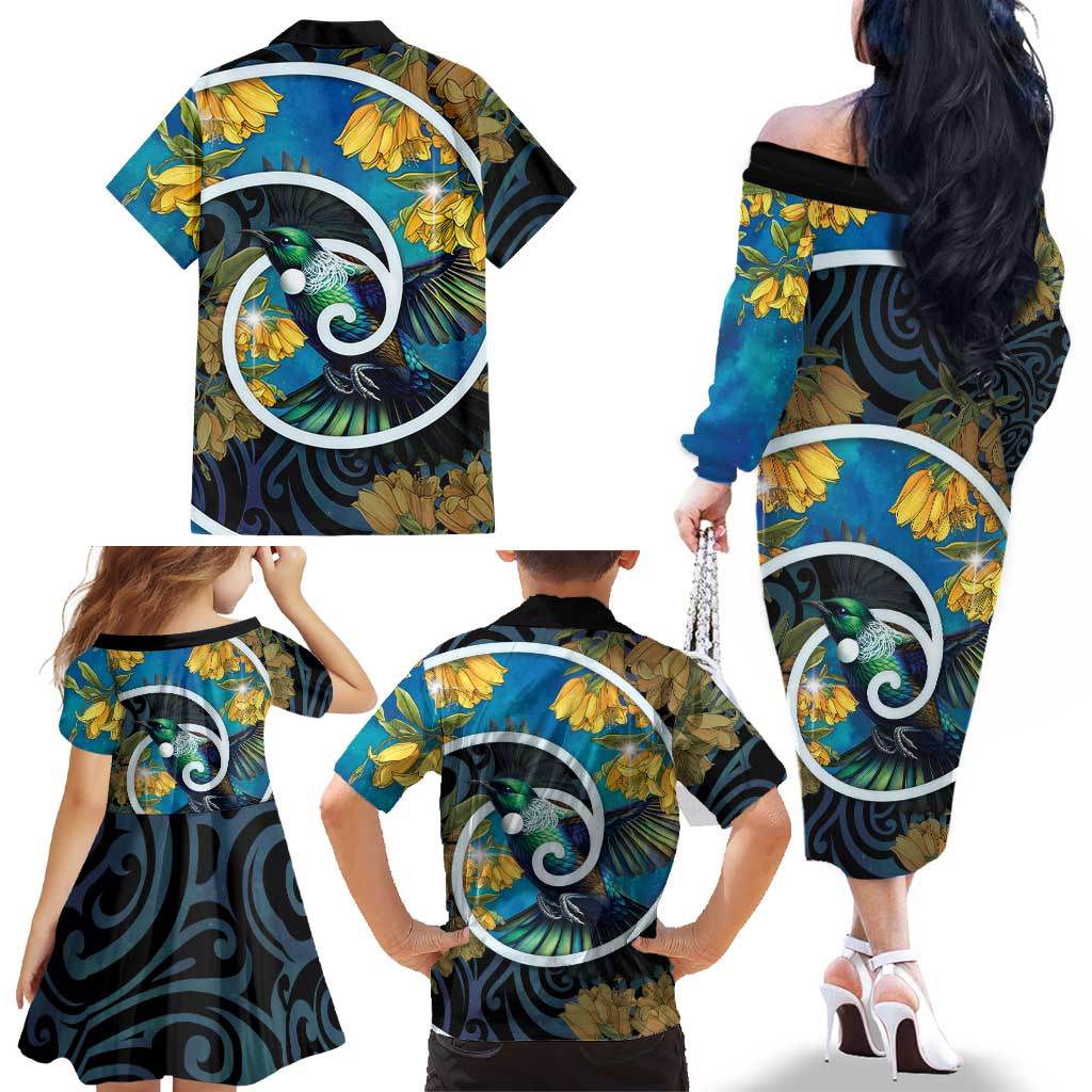 New Zealand Tui Bird Family Matching Off The Shoulder Long Sleeve Dress and Hawaiian Shirt Maori Koru With Kowhai Flowers