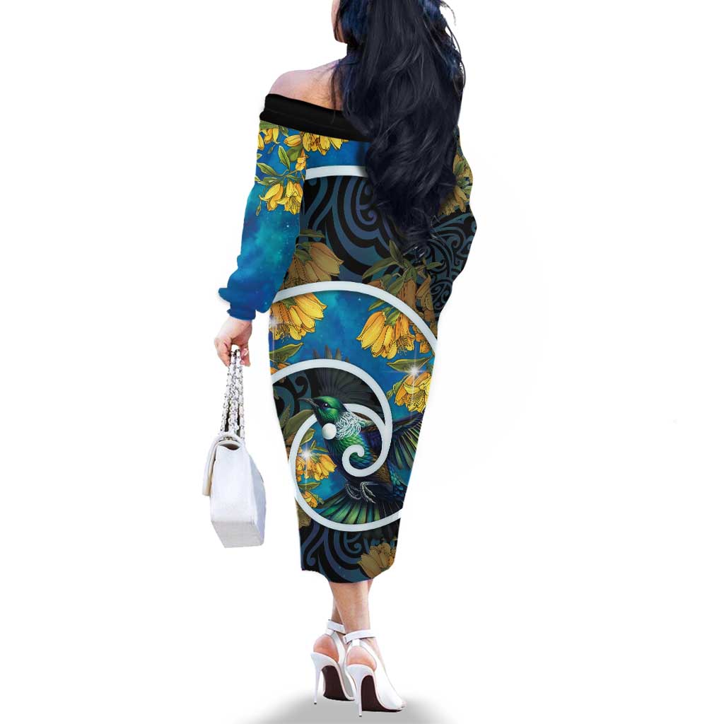 New Zealand Tui Bird Family Matching Off The Shoulder Long Sleeve Dress and Hawaiian Shirt Maori Koru With Kowhai Flowers