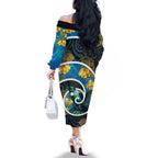 New Zealand Tui Bird Family Matching Off The Shoulder Long Sleeve Dress and Hawaiian Shirt Maori Koru With Kowhai Flowers