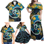 New Zealand Tui Bird Family Matching Off Shoulder Maxi Dress and Hawaiian Shirt Maori Koru With Kowhai Flowers