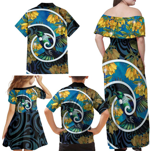 New Zealand Tui Bird Family Matching Off Shoulder Maxi Dress and Hawaiian Shirt Maori Koru With Kowhai Flowers