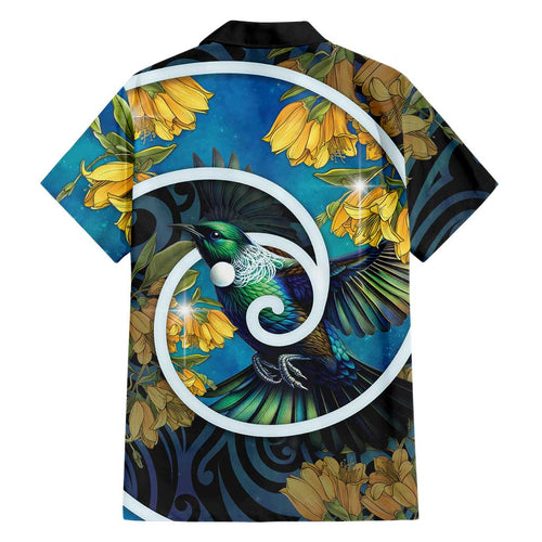 New Zealand Tui Bird Family Matching Off Shoulder Maxi Dress and Hawaiian Shirt Maori Koru With Kowhai Flowers