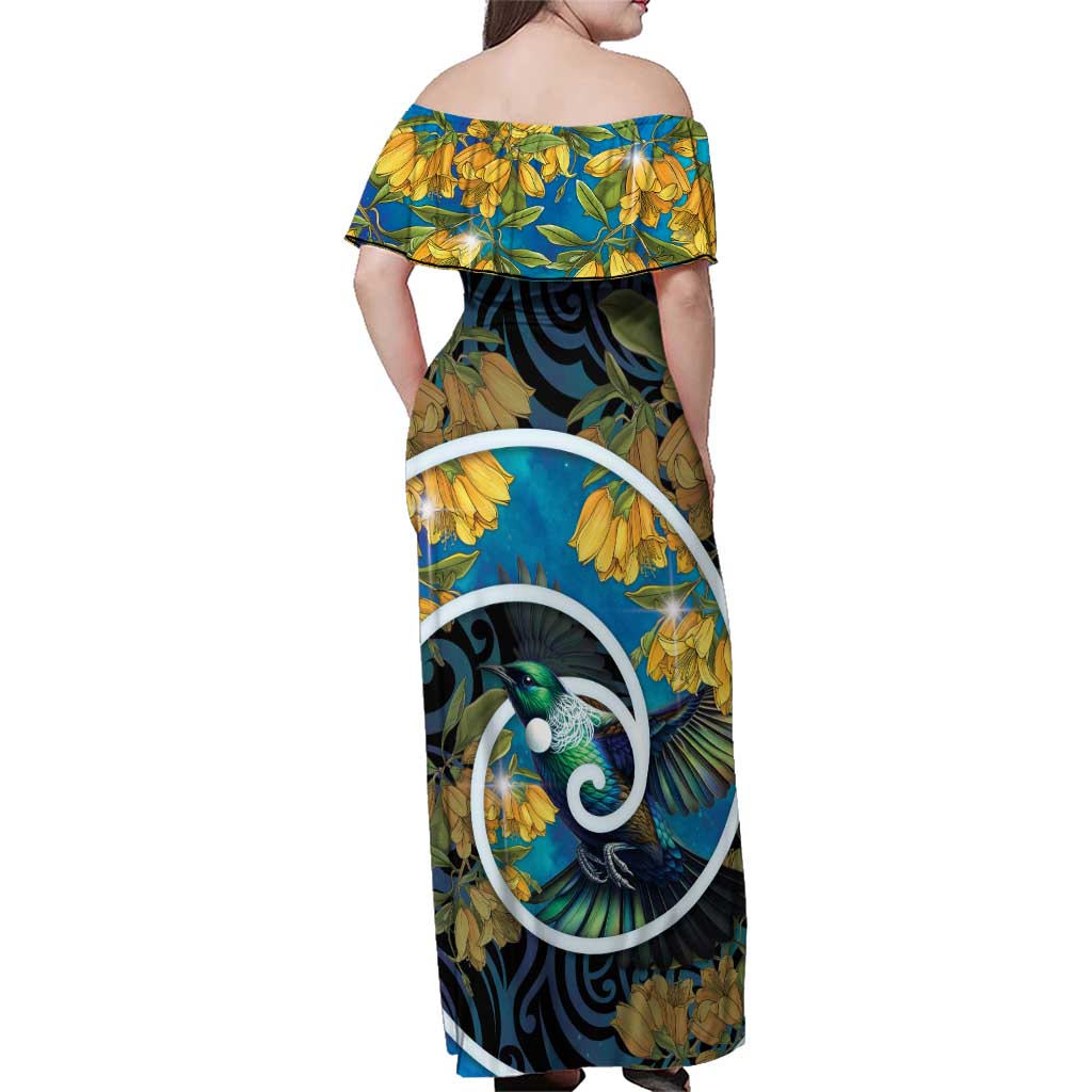 New Zealand Tui Bird Family Matching Off Shoulder Maxi Dress and Hawaiian Shirt Maori Koru With Kowhai Flowers