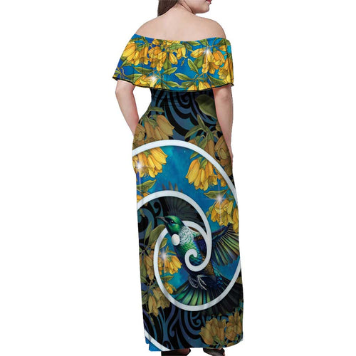 New Zealand Tui Bird Family Matching Off Shoulder Maxi Dress and Hawaiian Shirt Maori Koru With Kowhai Flowers