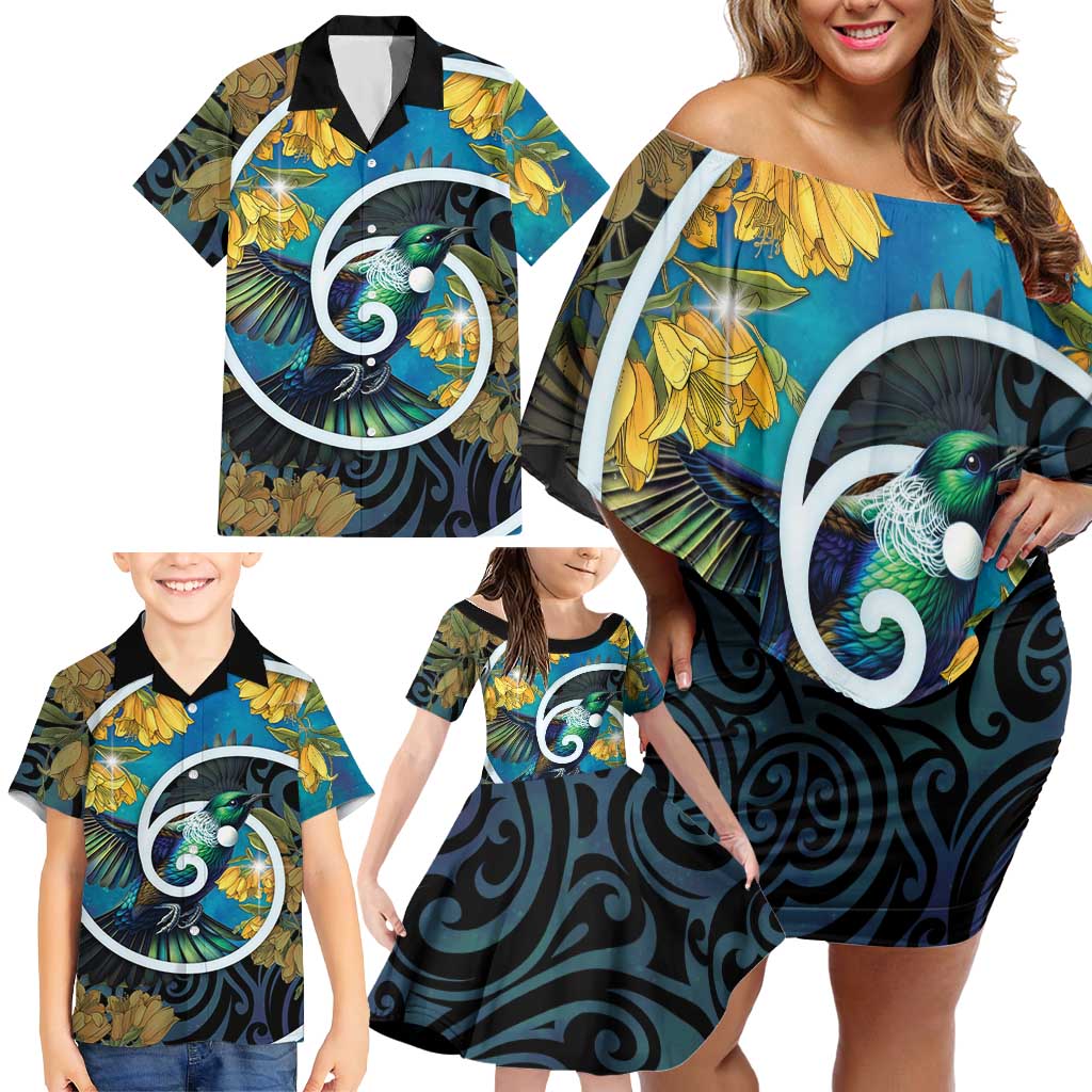 New Zealand Tui Bird Family Matching Off Shoulder Short Dress and Hawaiian Shirt Maori Koru With Kowhai Flowers