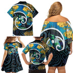 New Zealand Tui Bird Family Matching Off Shoulder Short Dress and Hawaiian Shirt Maori Koru With Kowhai Flowers