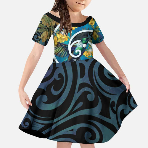 New Zealand Tui Bird Family Matching Short Sleeve Bodycon Dress and Hawaiian Shirt Maori Koru With Kowhai Flowers