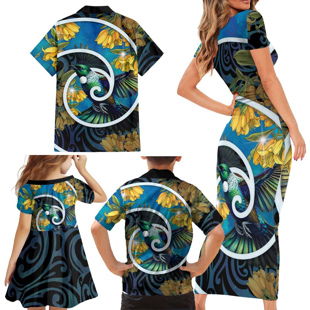 New Zealand Tui Bird Family Matching Short Sleeve Bodycon Dress and Hawaiian Shirt Maori Koru With Kowhai Flowers