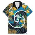 New Zealand Tui Bird Family Matching Short Sleeve Bodycon Dress and Hawaiian Shirt Maori Koru With Kowhai Flowers