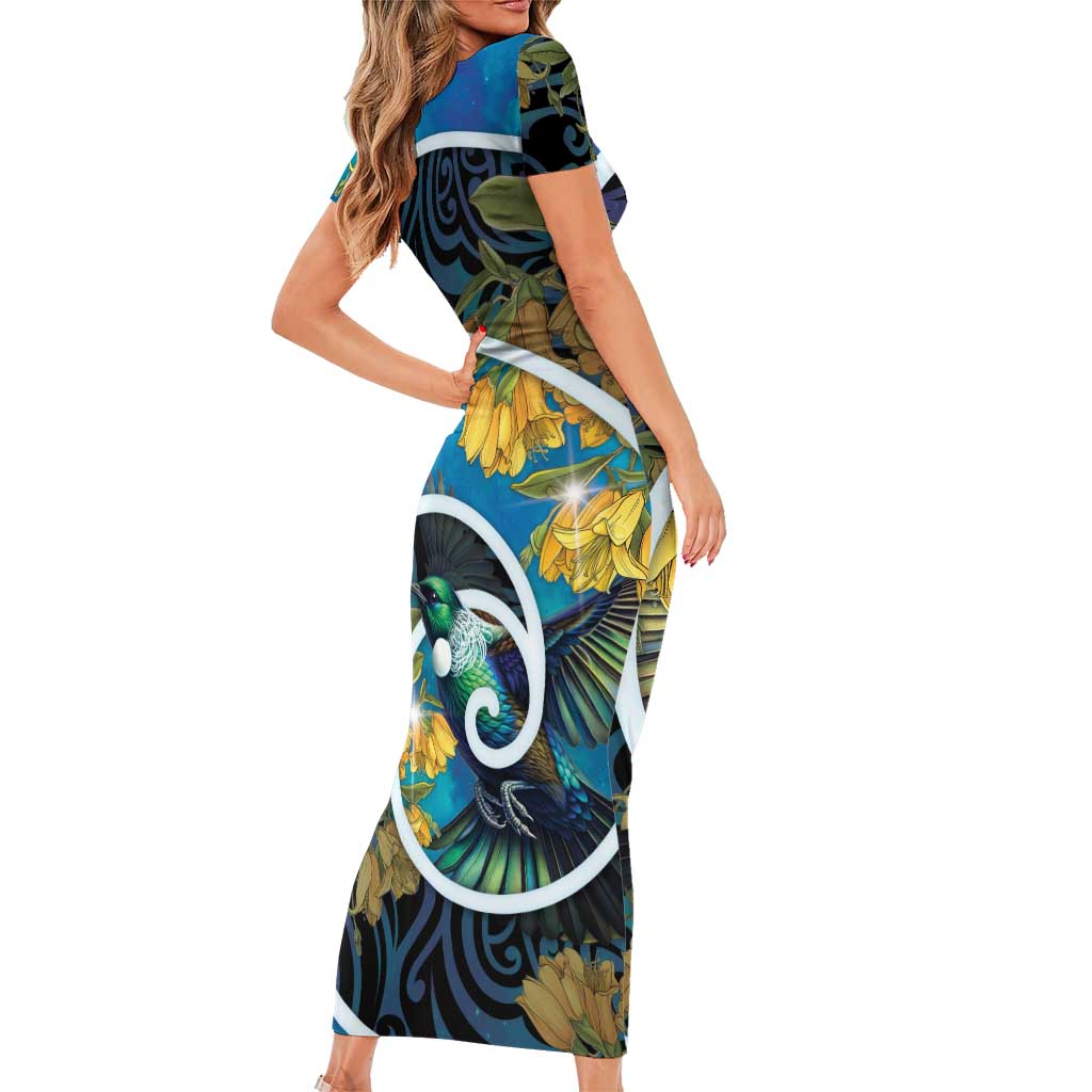 New Zealand Tui Bird Family Matching Short Sleeve Bodycon Dress and Hawaiian Shirt Maori Koru With Kowhai Flowers