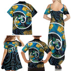 New Zealand Tui Bird Family Matching Summer Maxi Dress and Hawaiian Shirt Maori Koru With Kowhai Flowers