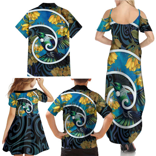 New Zealand Tui Bird Family Matching Summer Maxi Dress and Hawaiian Shirt Maori Koru With Kowhai Flowers