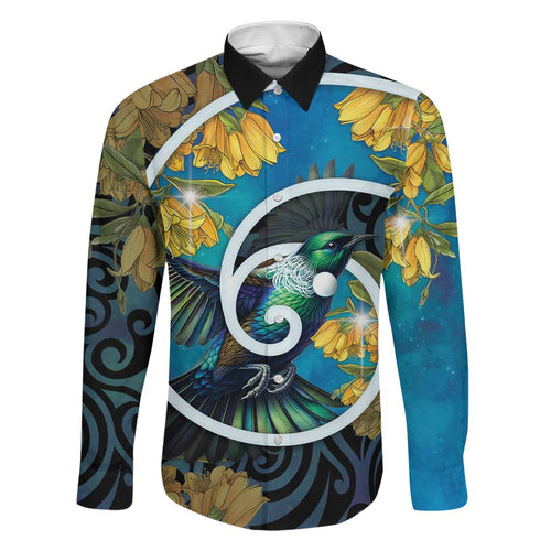 New Zealand Tui Bird Family Matching Summer Maxi Dress and Hawaiian Shirt Maori Koru With Kowhai Flowers