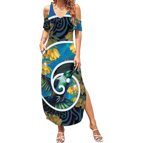 New Zealand Tui Bird Family Matching Summer Maxi Dress and Hawaiian Shirt Maori Koru With Kowhai Flowers