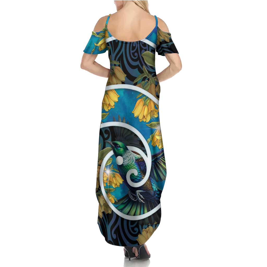 New Zealand Tui Bird Family Matching Summer Maxi Dress and Hawaiian Shirt Maori Koru With Kowhai Flowers