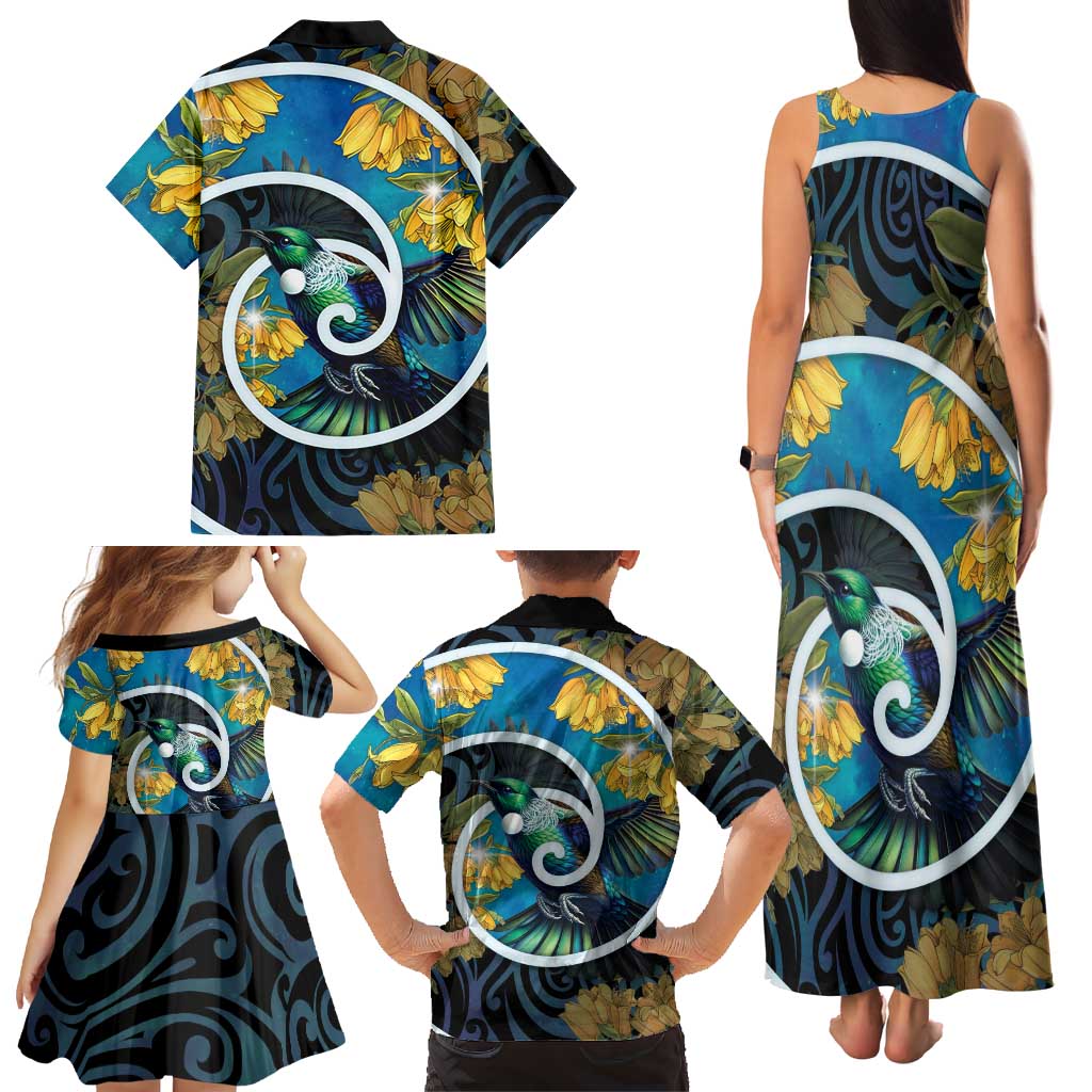 New Zealand Tui Bird Family Matching Tank Maxi Dress and Hawaiian Shirt Maori Koru With Kowhai Flowers