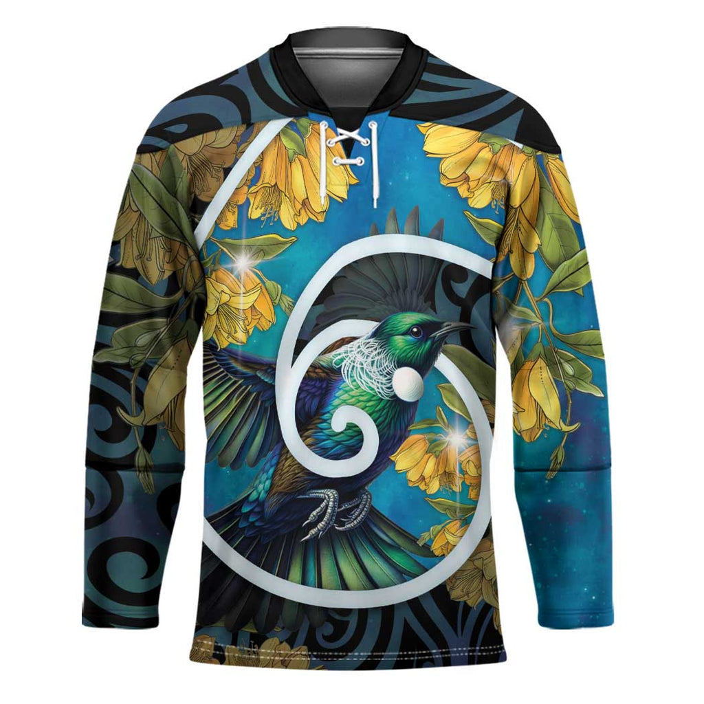 New Zealand Tui Bird Hockey Jersey Maori Koru With Kowhai Flowers