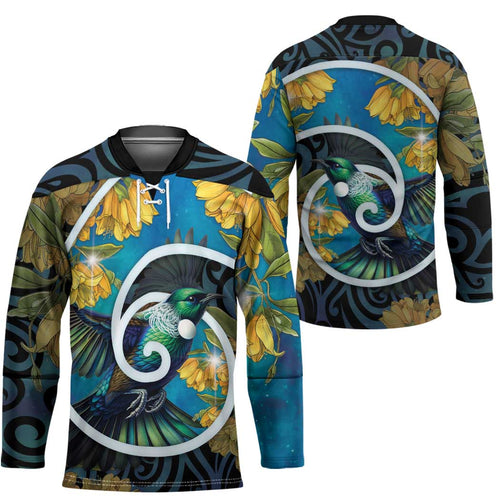 New Zealand Tui Bird Hockey Jersey Maori Koru With Kowhai Flowers