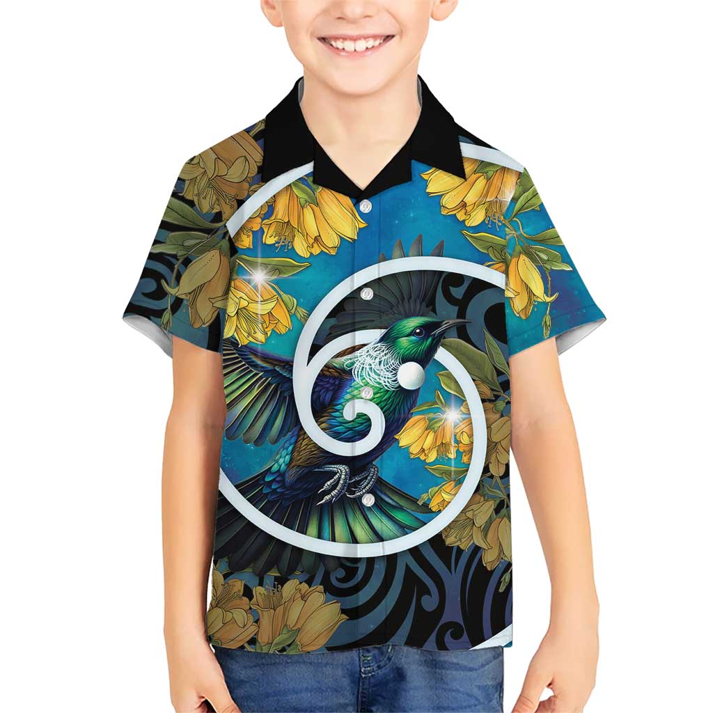New Zealand Tui Bird Kid Hawaiian Shirt Maori Koru With Kowhai Flowers