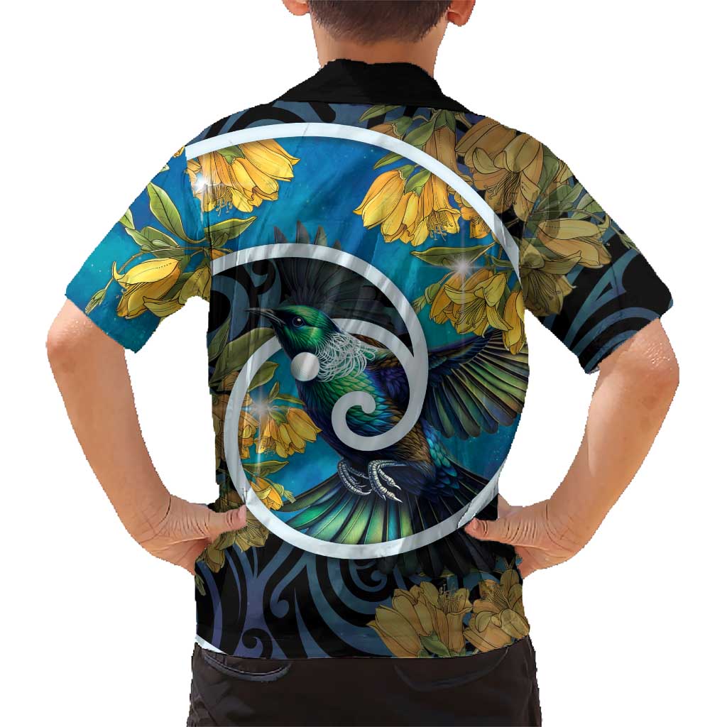 New Zealand Tui Bird Kid Hawaiian Shirt Maori Koru With Kowhai Flowers